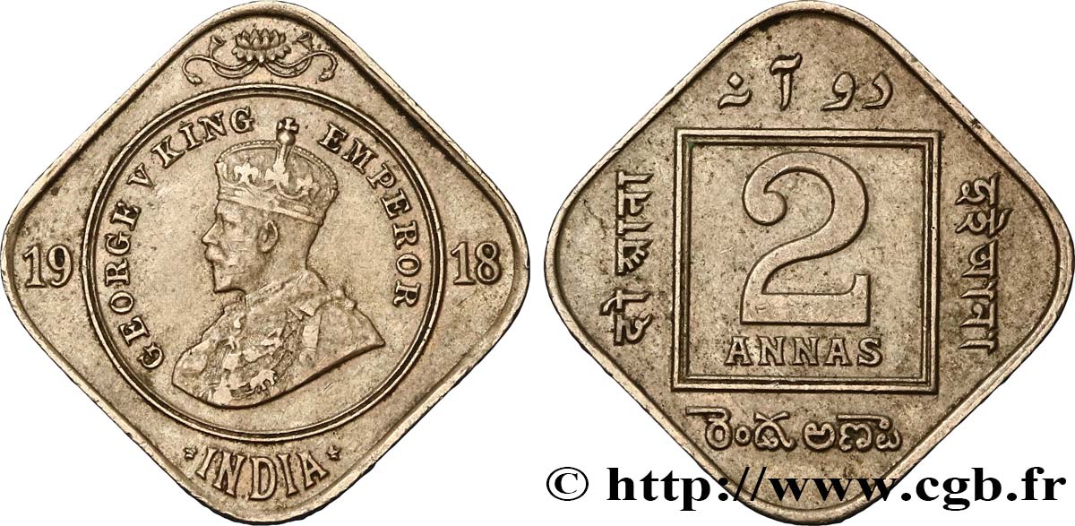 INDES BRITANNIQUES 2 Annas Georges V 1918 Calcutta TTB 