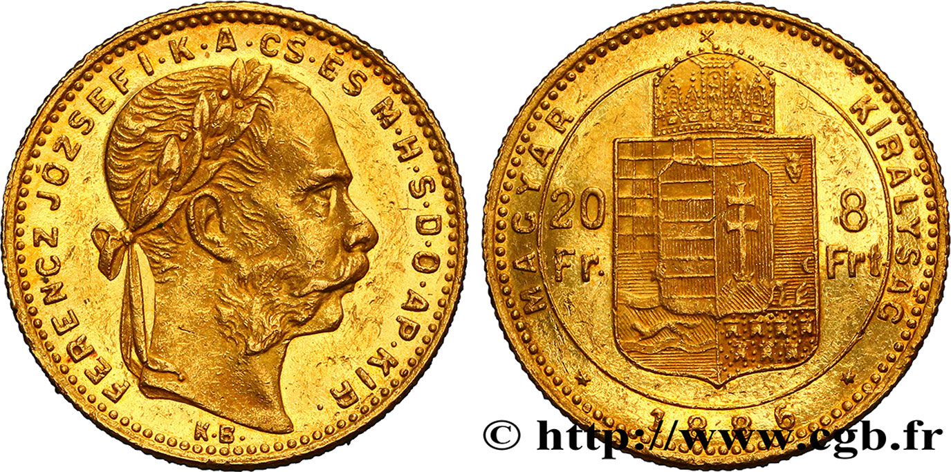 AUSTRIA 8 Florins ou 20 Francs or François-Joseph Ier 1888 Vienne EBC 