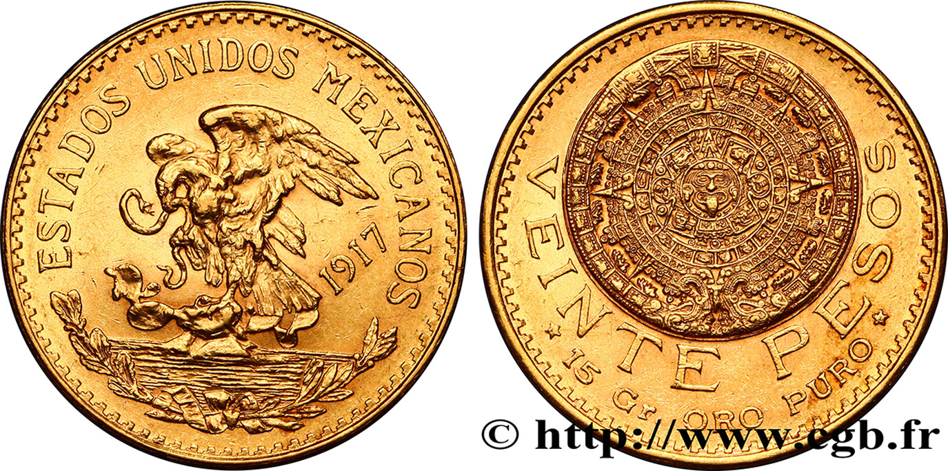 MEXIKO 20 Pesos “Pierre du Soleil” (calendrier aztèque) 1917 Mexico VZ 