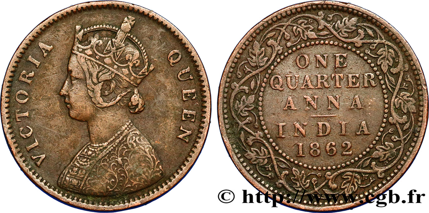 BRITISH INDIA 1/4 Anna Victoria 1862 Bombay XF 