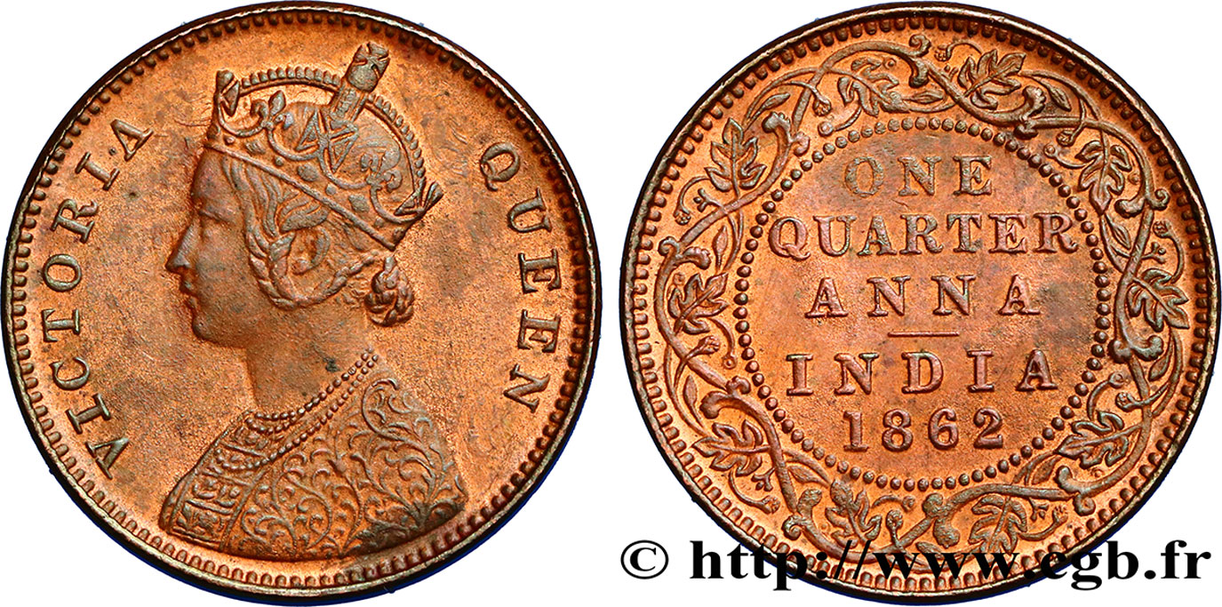 INDES BRITANNIQUES 1/4 Anna Victoria 1862 Calcutta SUP 