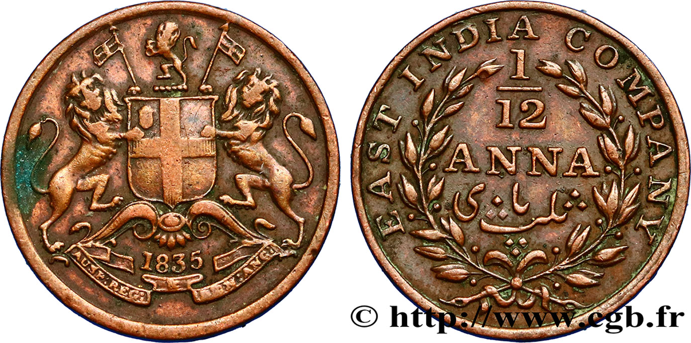 INDIA BRITÁNICA 1/12 Anna East India Company 1835 Madras MBC 