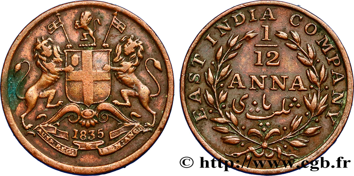 INDES BRITANNIQUES 1/12 Anna East India Company 1835 Madras TTB 