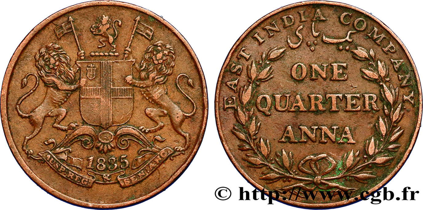 INDES BRITANNIQUES 1/4 Anna East India Company 1835 Bombay TTB 