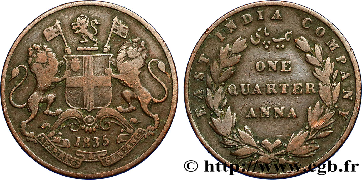 BRITISCH-INDIEN 1/4 Anna East India Company 1835 Calcutta fSS 