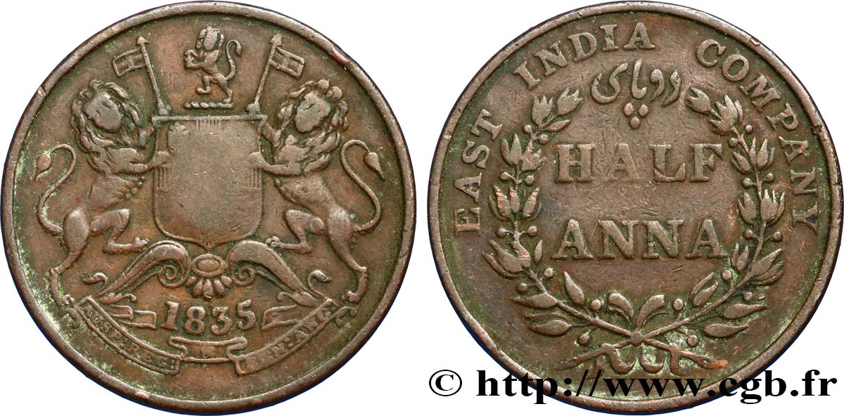 INDIA BRITANNICA 1/2 Anna East India Company 1835 Bombay q.BB 