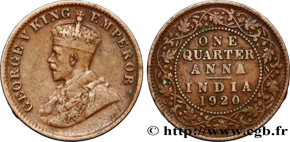 INDES BRITANNIQUES 1/4 Anna Georges V 1920 Calcutta TTB 