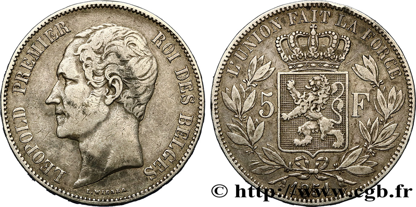 BÉLGICA 5 Francs Léopold Ier tête nue 1851  MBC 