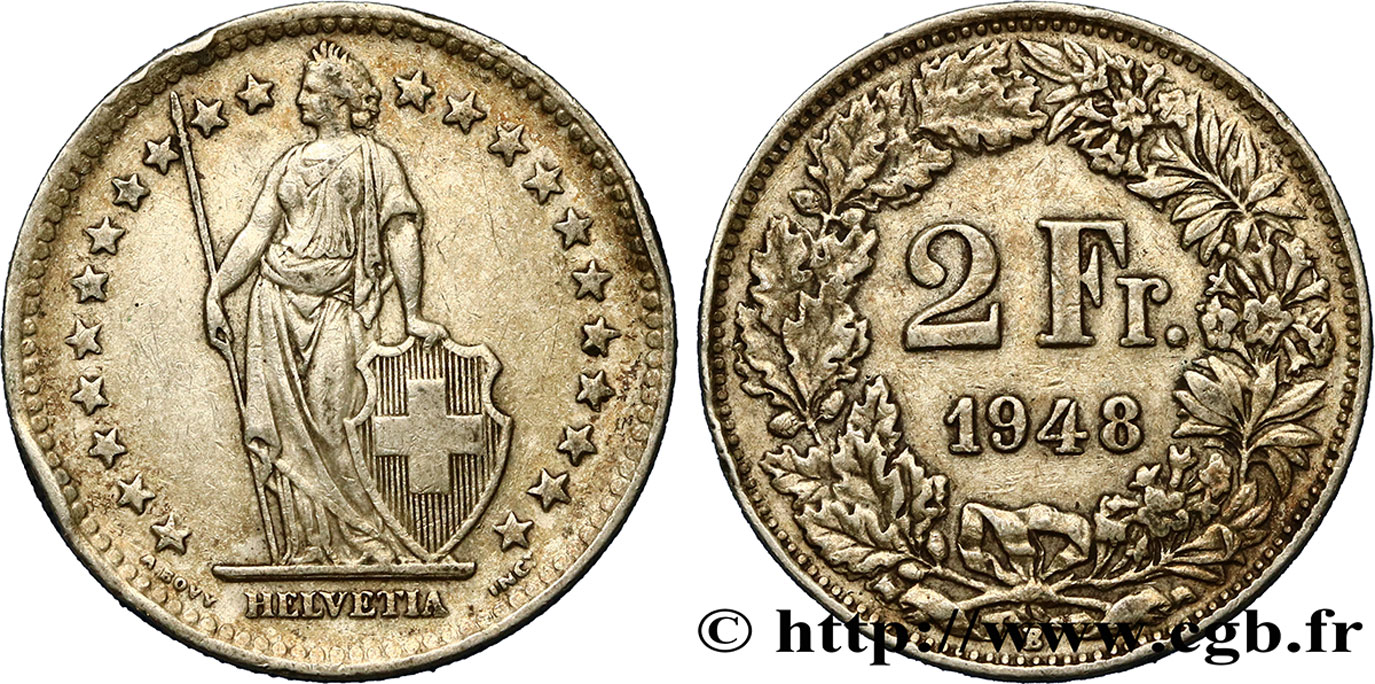 SVIZZERA  2 Francs Helvetia 1948 Berne q.SPL 