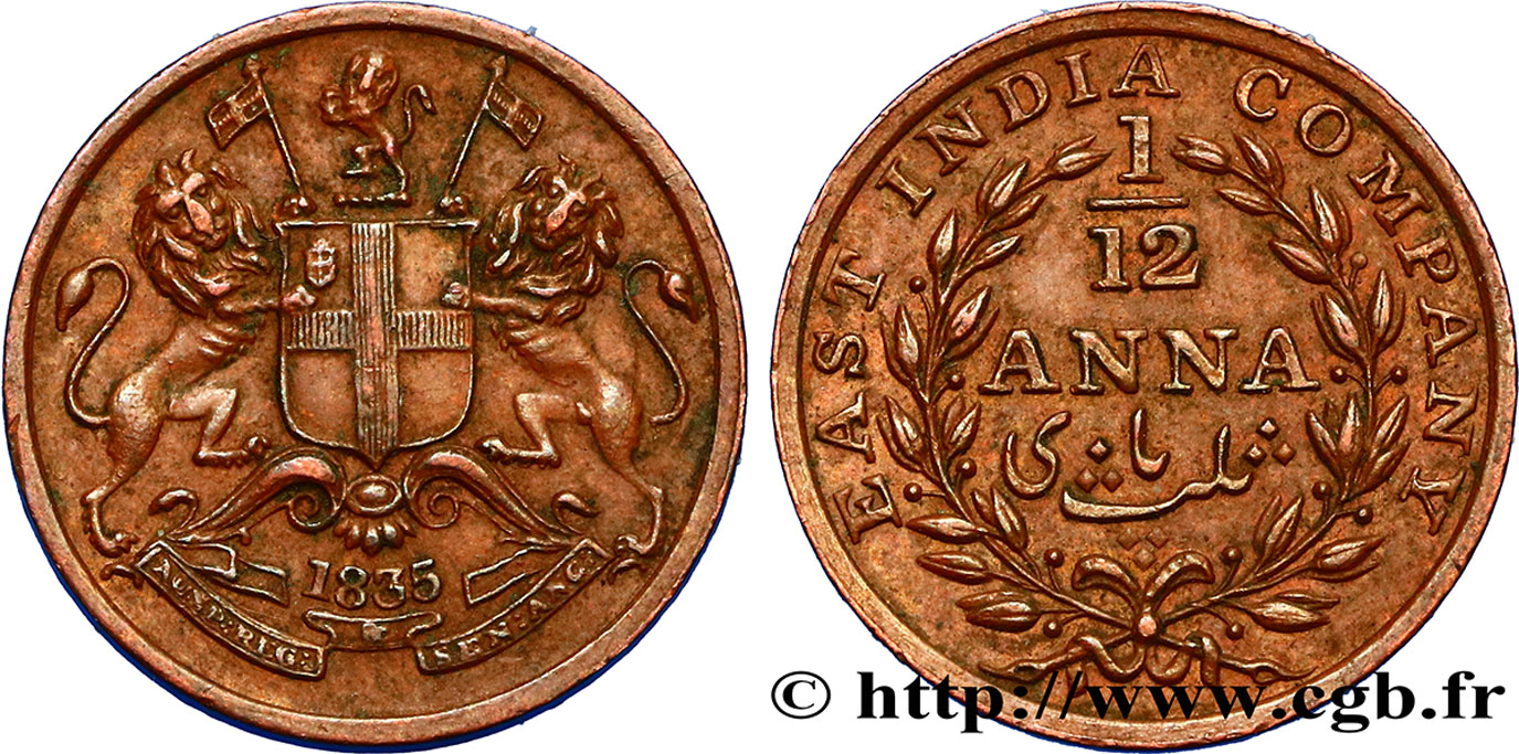 INDIA BRITANNICA 1/12 Anna East India Company 1835 Madras SPL 