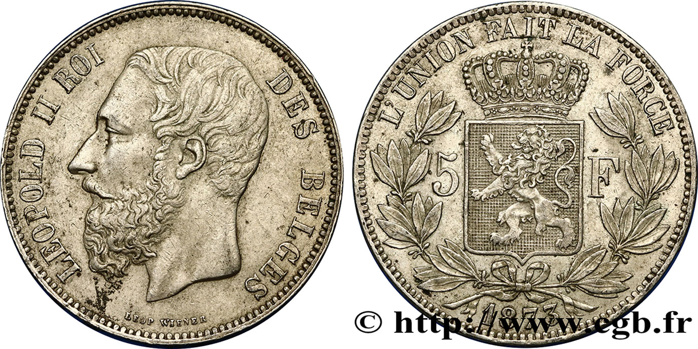 BELGIO 5 Francs Léopold II 1873  SPL 