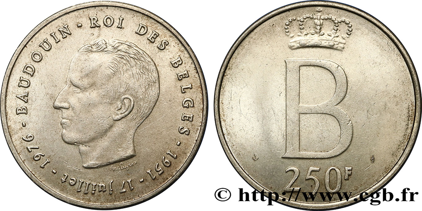 BELGIQUE 250 Francs jubilé d’argent du roi Baudouin légende française 1976 Bruxelles TTB+ 