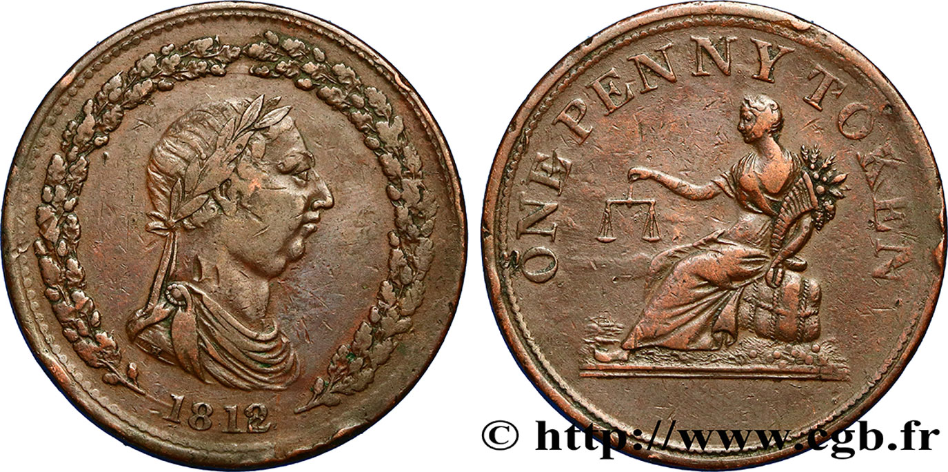 BRITISH TOKENS 1 Penny buste de Georges III lauré / allégorie du commerce 1812  XF 
