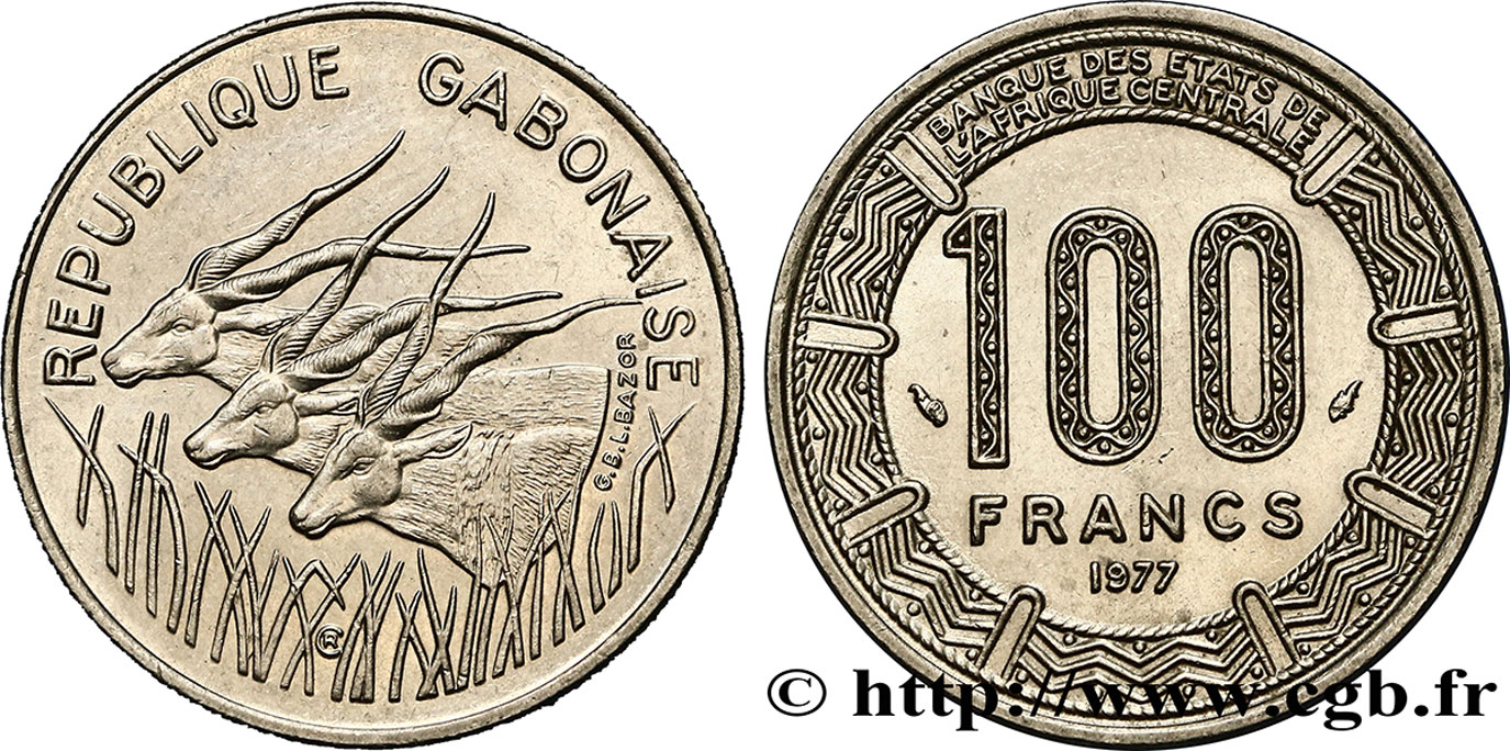 GABóN 100 Francs antilopes 1977 Paris EBC 
