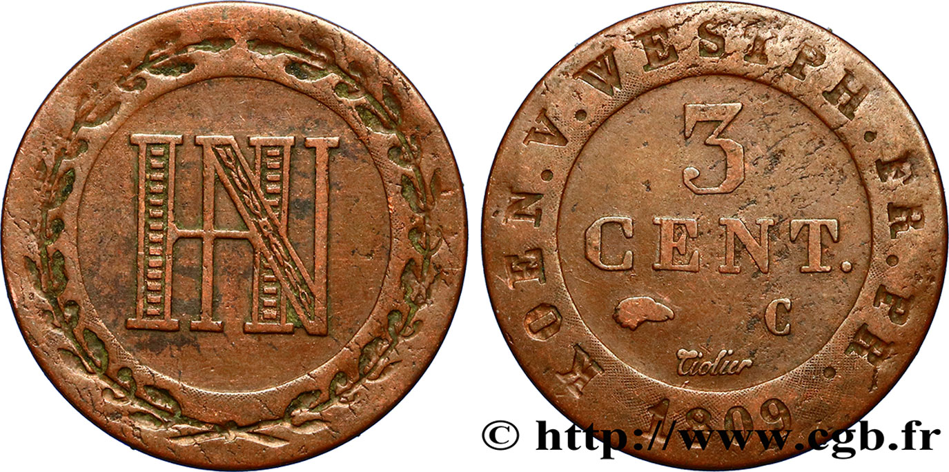 ALLEMAGNE - ROYAUME DE WESTPHALIE 3 Cent. monogramme de Jérôme Napoléon 1809 Cassel - C TTB 