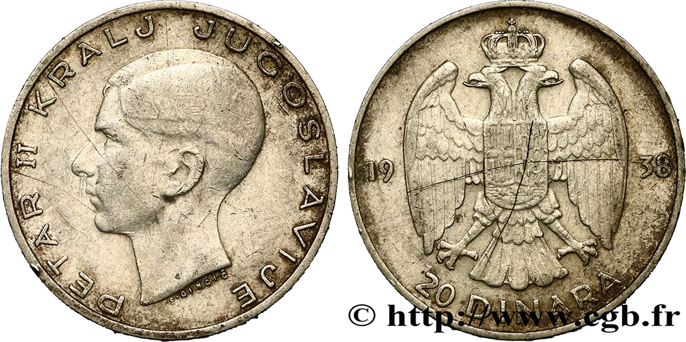YUGOSLAVIA 20 Dinara Pierre II 1938  VF 