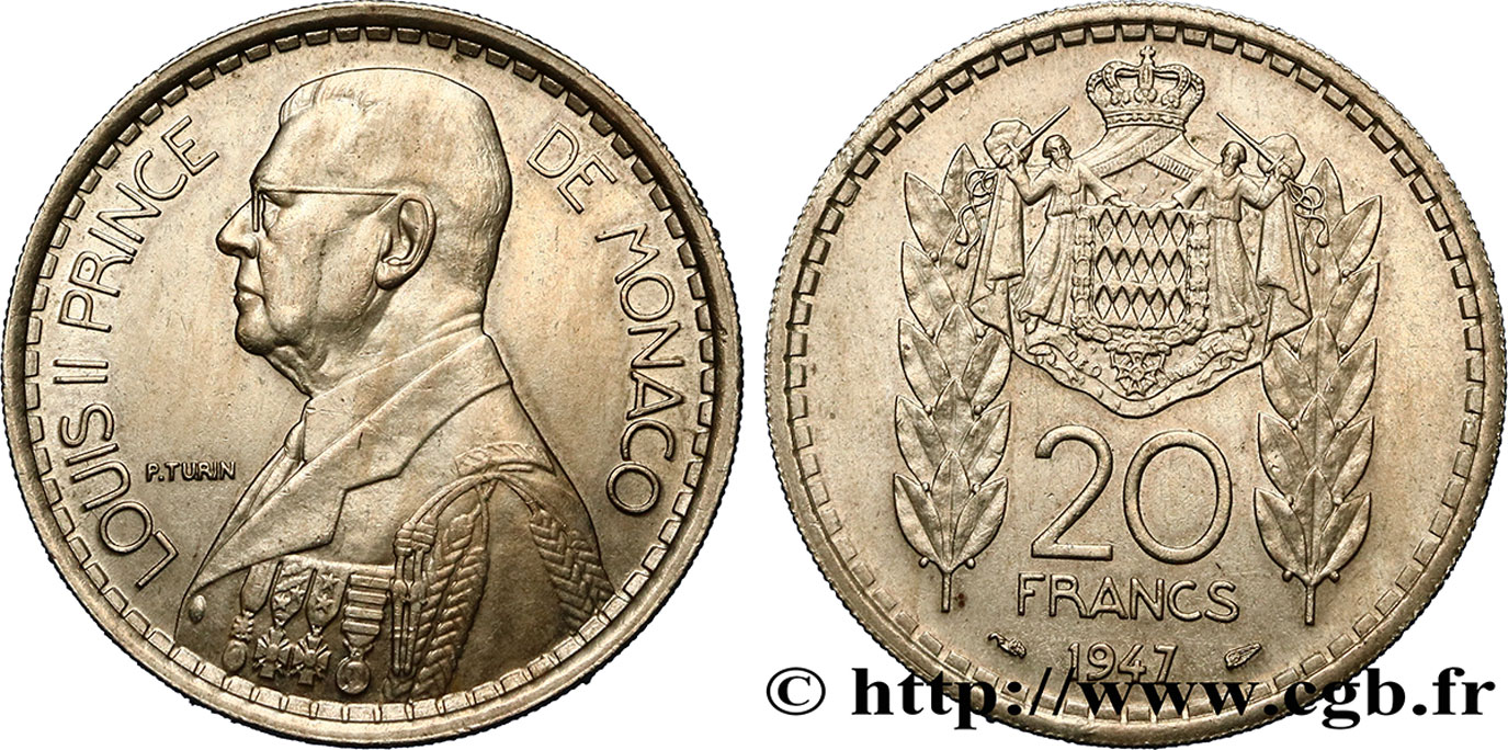 MONACO 20 Francs prince Louis II / armes 1947 Paris SUP 
