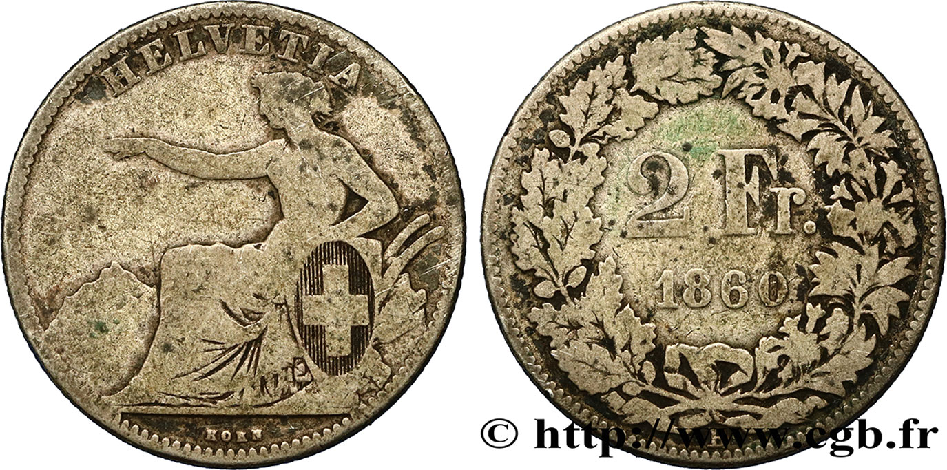 SCHWEIZ 2 Francs Helvetia 1860 Berne fS 