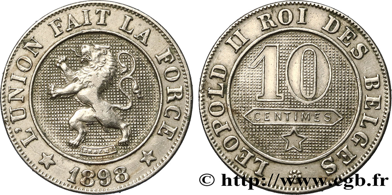 BELGIUM 10 Centimes lion légende française 1898  XF 