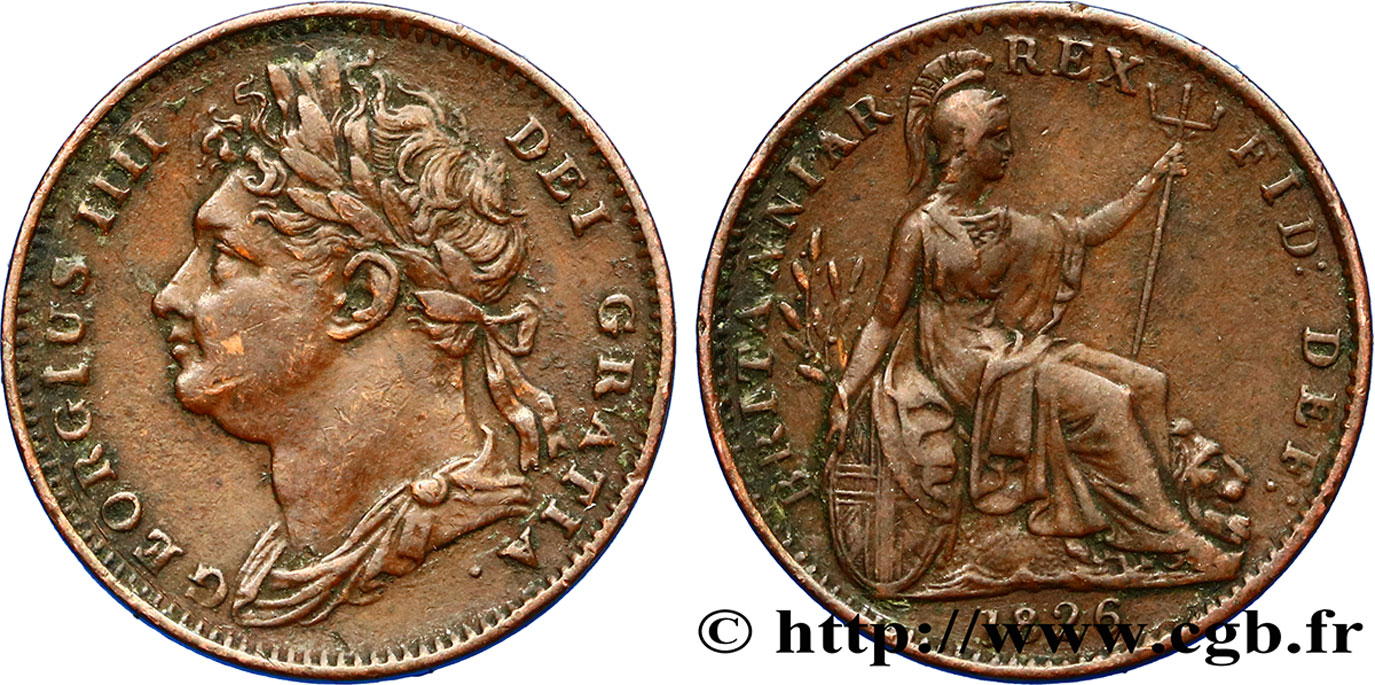 ROYAUME-UNI 1 Farthing Georges IV tête laurée 1826  SUP 