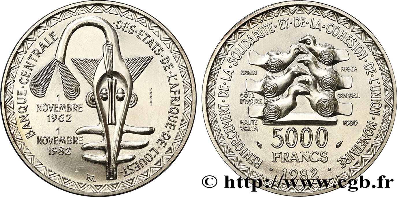 WEST AFRICAN STATES (BCEAO) Essai 5000 Francs masque / oiseau 20e anniversaire de l’Union Monétaire 1982 Paris AU 