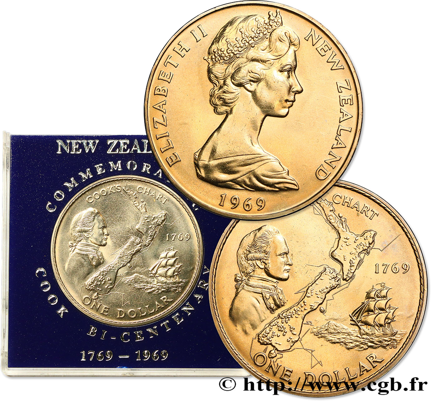 NUEVA ZELANDA
 1 Dollar Elisabeth II / 200e anniversaire du voyage du capitaine Cook 1969 Camberra SC 