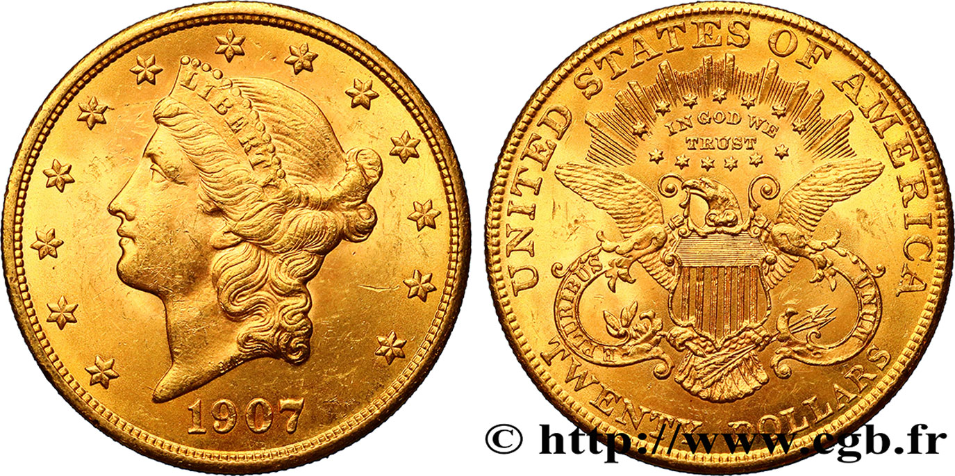 UNITED STATES OF AMERICA 20 Dollars or  Liberty  1907 Philadelphie AU/MS 