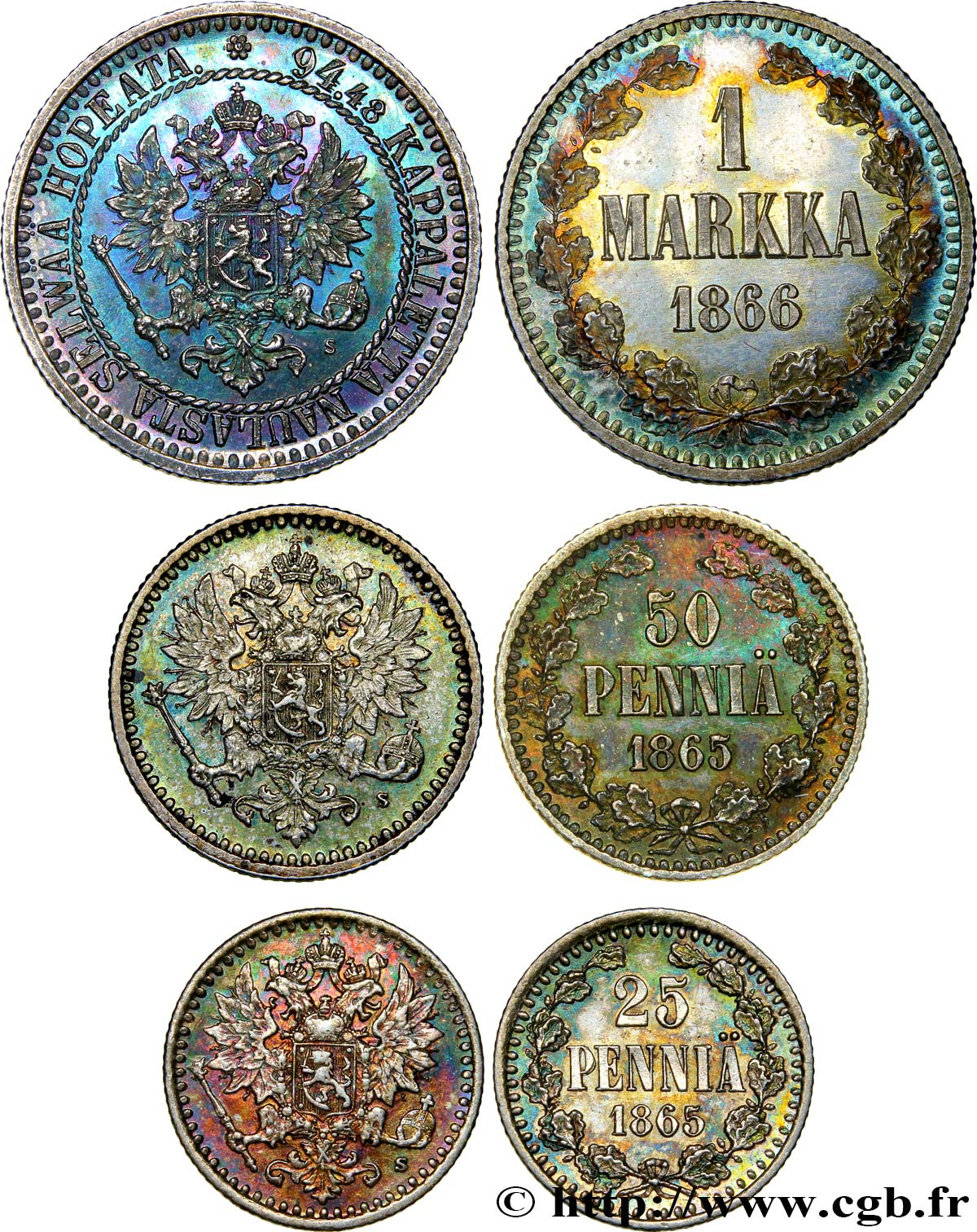 FINLAND - GRAND-DUCHY - ALEXANDER III Lot de 25, 50 Pennia et 1 Markka 1865-1866 Helsinki MS autre
