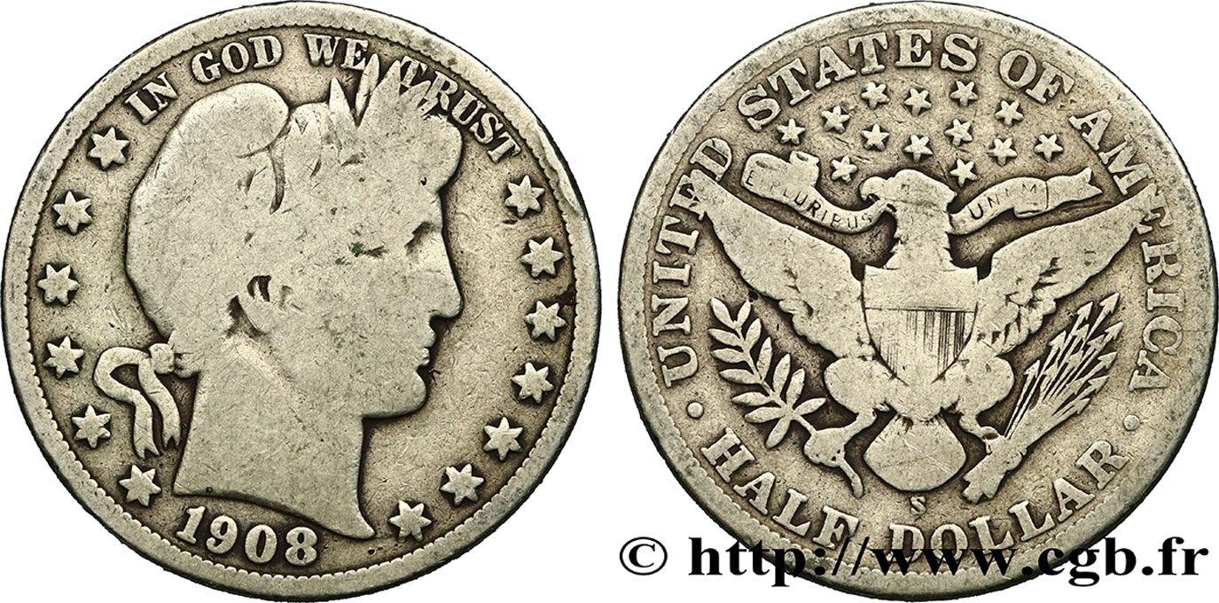 UNITED STATES OF AMERICA 1/2 Dollar Barber 1908 San Francisco VF 