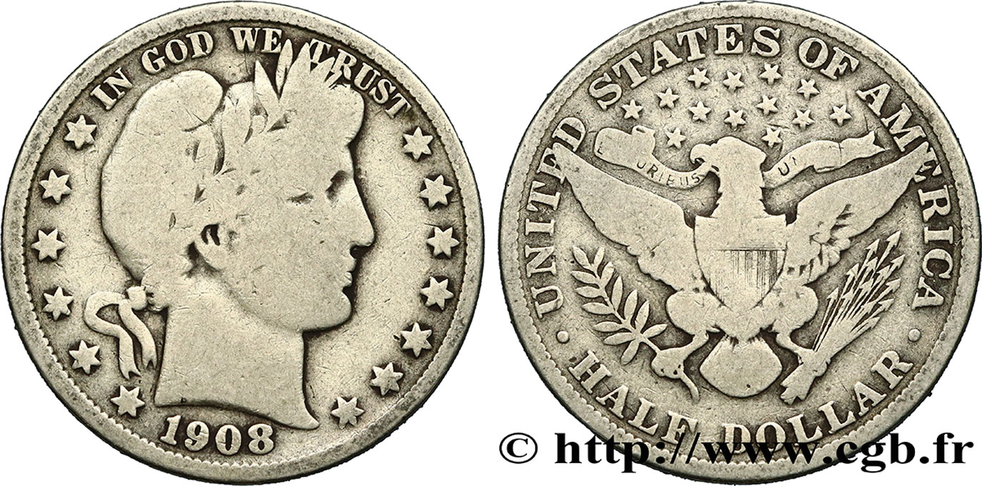 UNITED STATES OF AMERICA 1/2 Dollar Barber 1908 Philadelphie F 