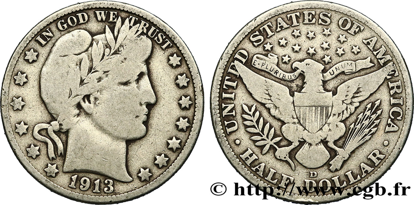 UNITED STATES OF AMERICA 1/2 Dollar Barber 1913 Denver VF 