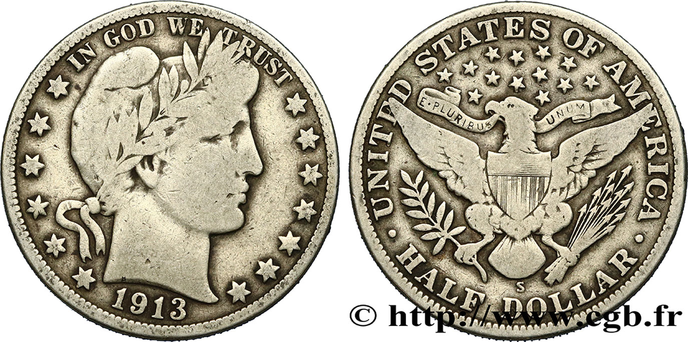 UNITED STATES OF AMERICA 1/2 Dollar Barber 1913 San Francisco - S VF 