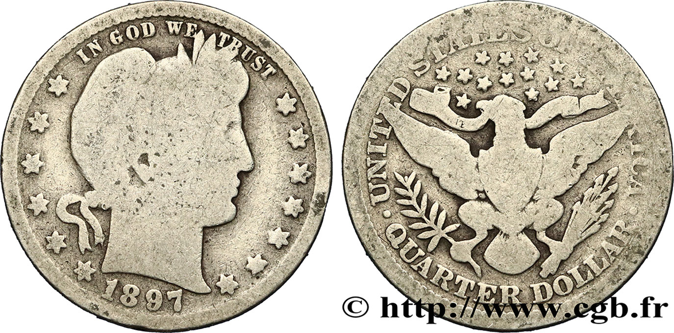 UNITED STATES OF AMERICA 1/4 Dollar Barber 1897 Philadelphie F 