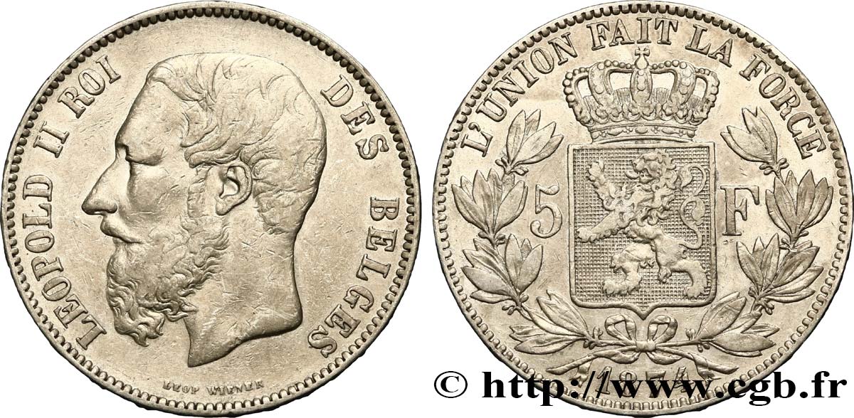BELGIQUE 5 Francs Léopold II  1874  TTB 