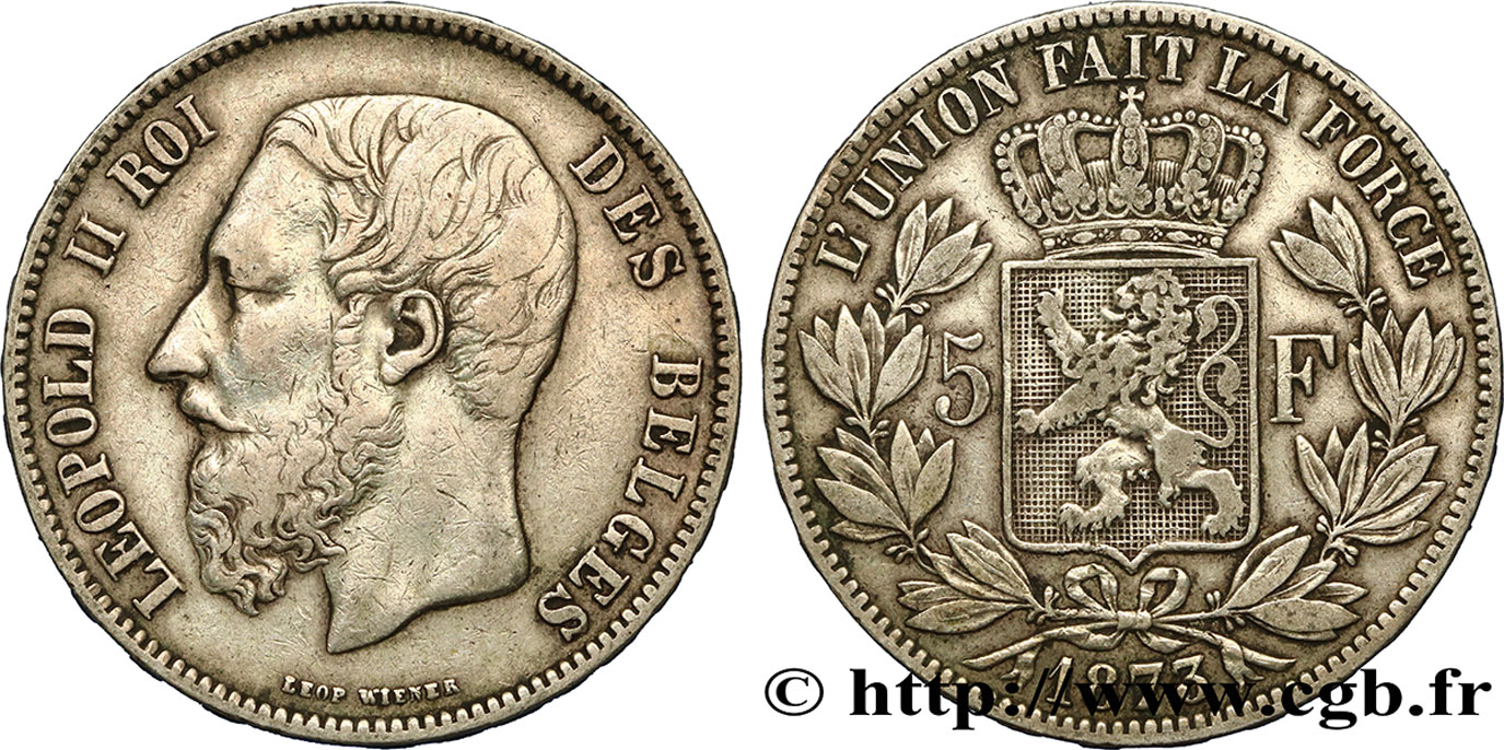 BELGIQUE 5 Francs Léopold II 1873  TB+ 