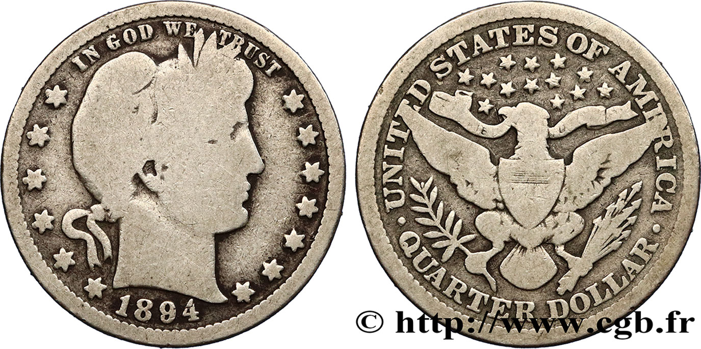 ÉTATS-UNIS D&nbsp;AMÉRIQUE 1/4 Dollar Barber 1894 Philadelphie B+ 
