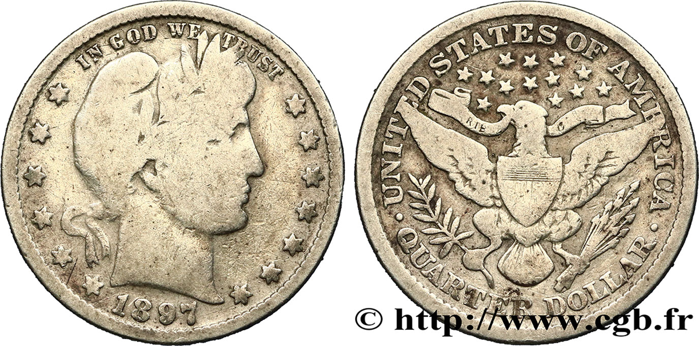 ÉTATS-UNIS D AMÉRIQUE 1/4 Dollar Barber 1897 Philadelphie B+ 