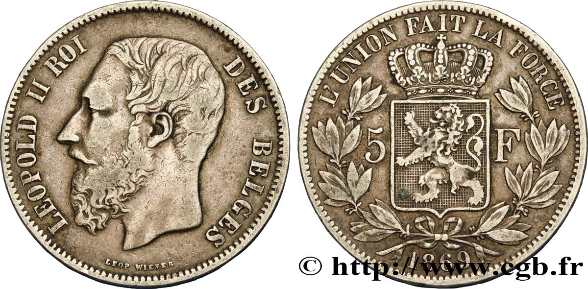 BELGIEN 5 Francs Léopold II 1869  fSS 