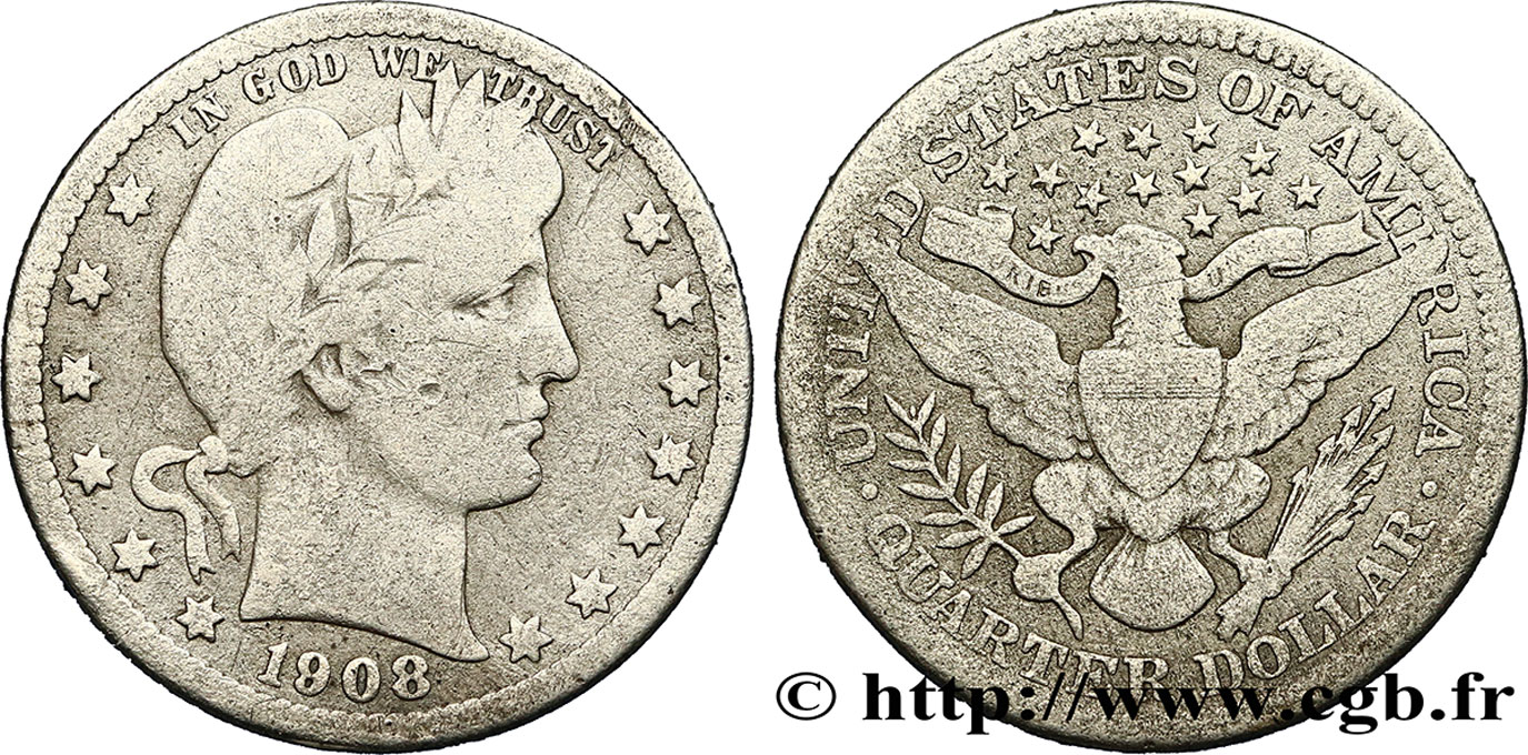 UNITED STATES OF AMERICA 1/4 Dollar Barber 1908 Philadelphie F 