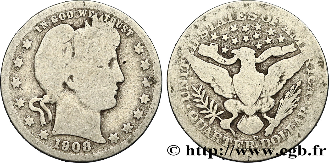 UNITED STATES OF AMERICA 1/4 Dollar Barber 1908 Denver F 