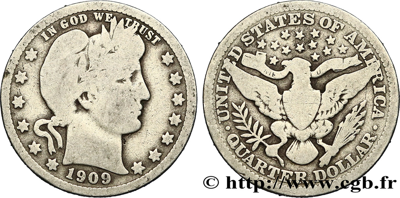 UNITED STATES OF AMERICA 1/4 Dollar Barber 1909 Philadelphie F 