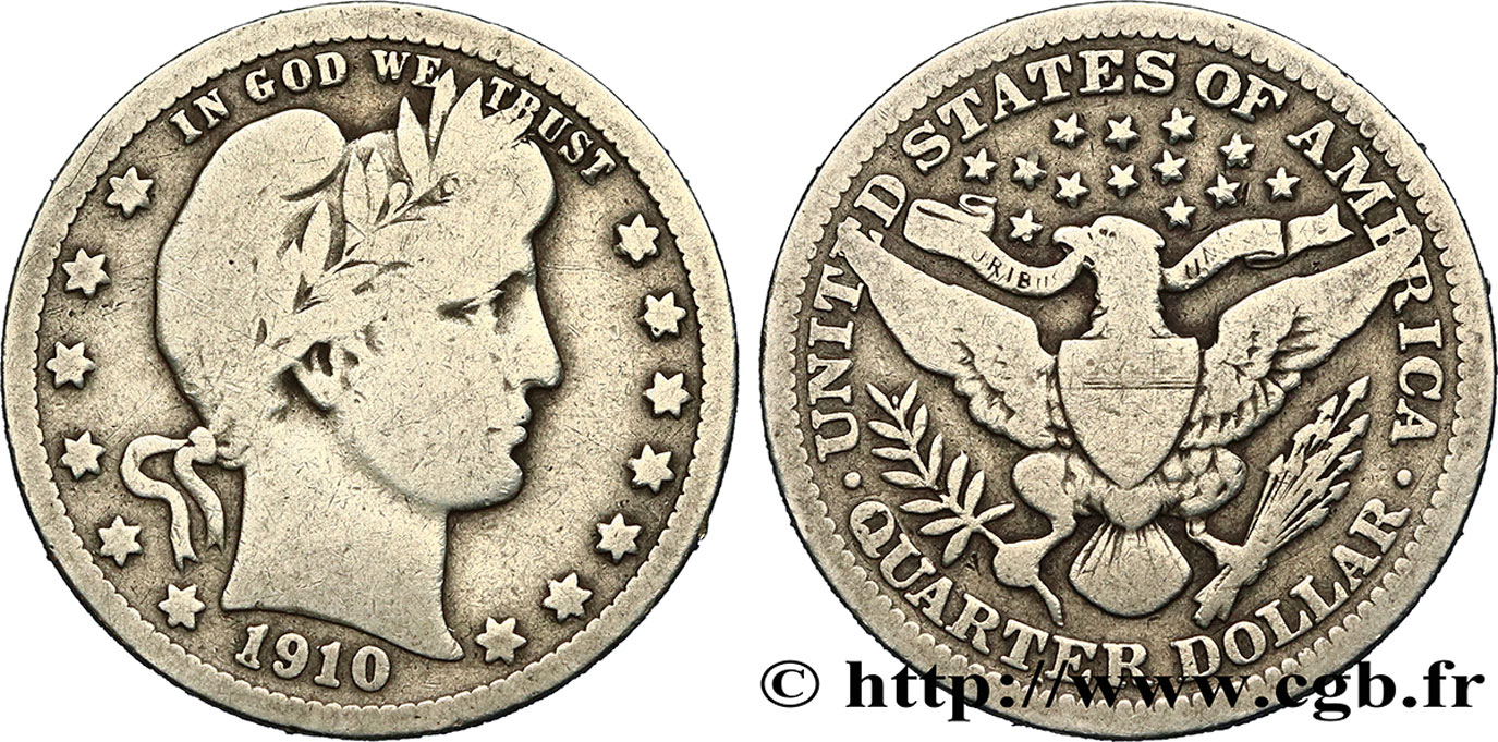 STATI UNITI D AMERICA 1/4 Dollar Barber 1910 Philadelphie q.MB 