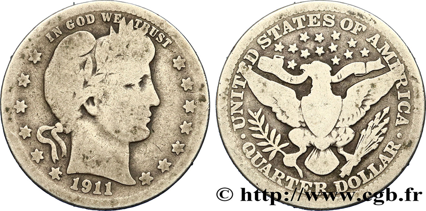 ESTADOS UNIDOS DE AMÉRICA 1/4 Dollar Barber 1911 Philadelphie BC 