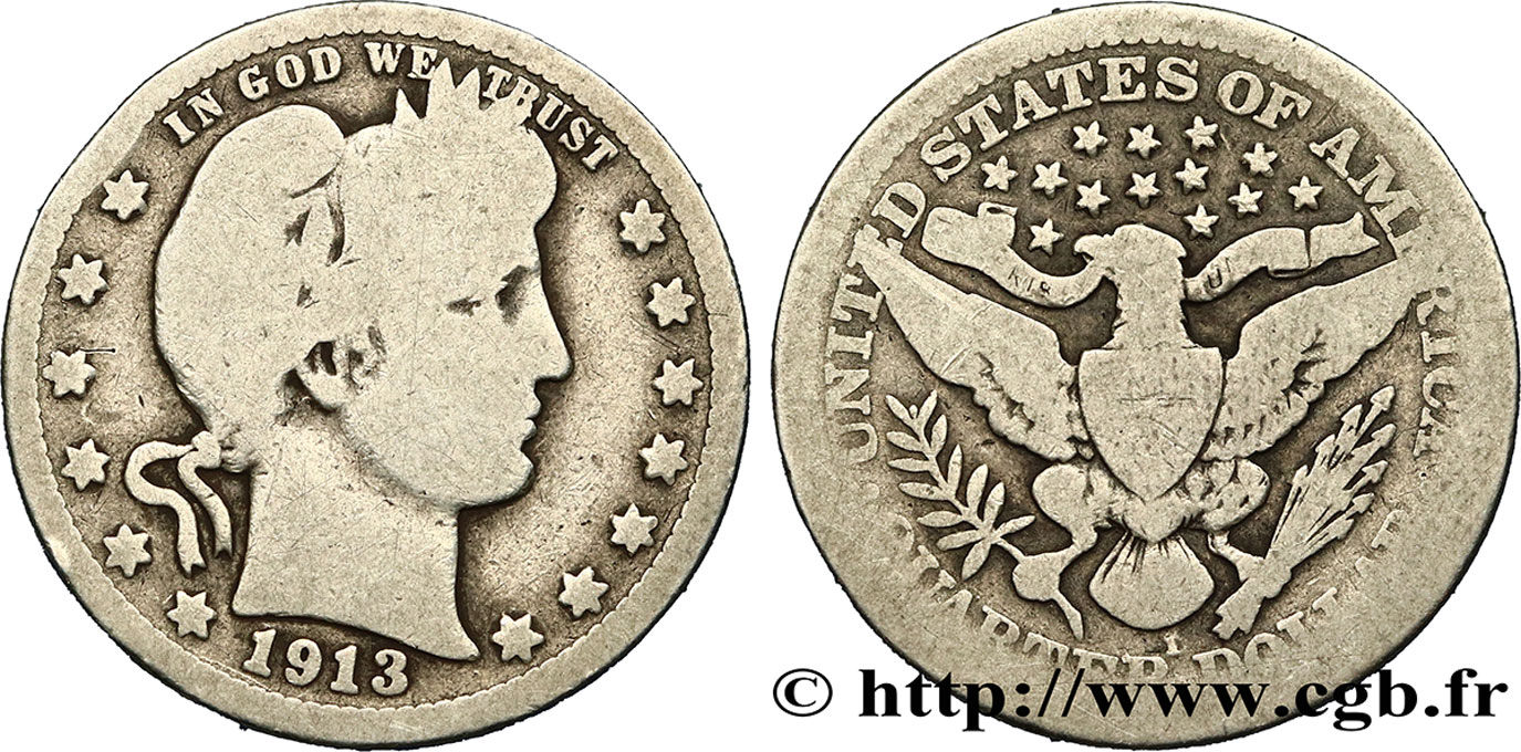 UNITED STATES OF AMERICA 1/4 Dollar Barber 1913 Denver VF 