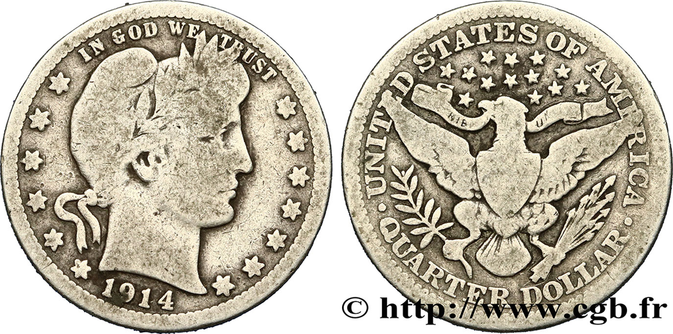 UNITED STATES OF AMERICA 1/4 Dollar Barber 1914 Philadelphie VF 