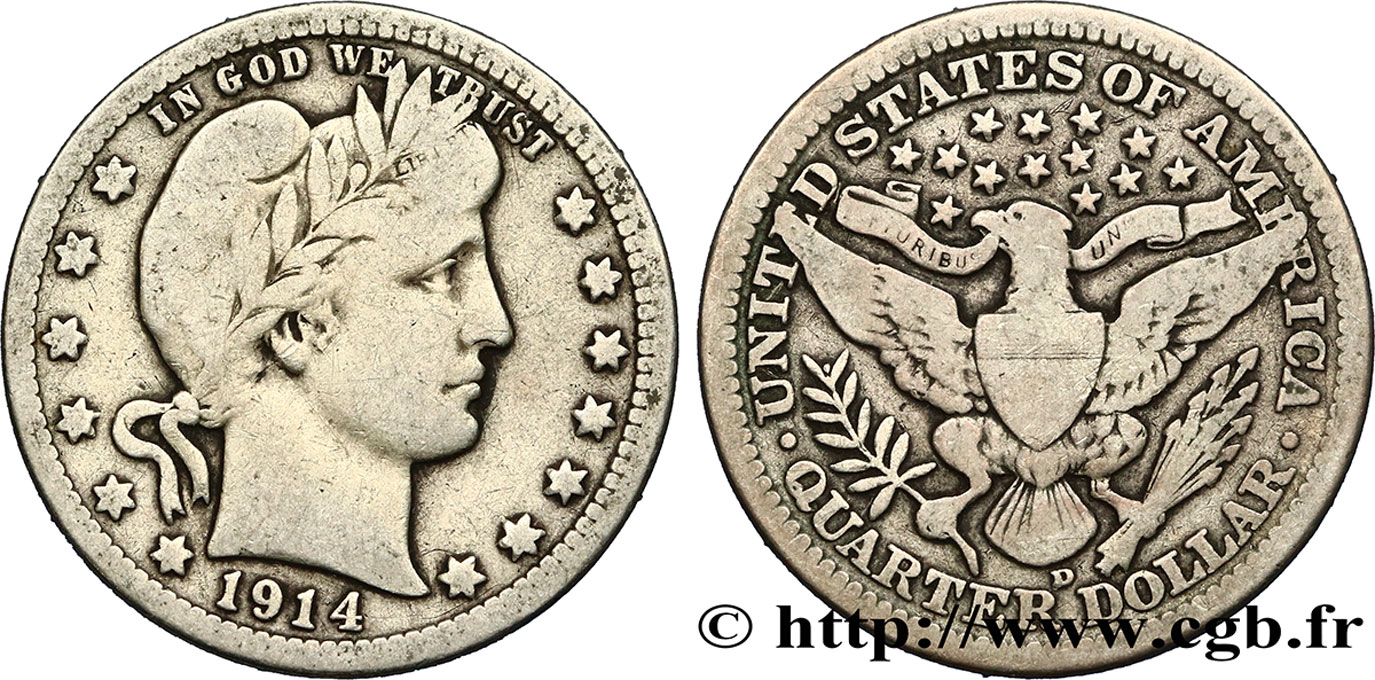 UNITED STATES OF AMERICA 1/4 Dollar Barber 1914 Denver - D VF 