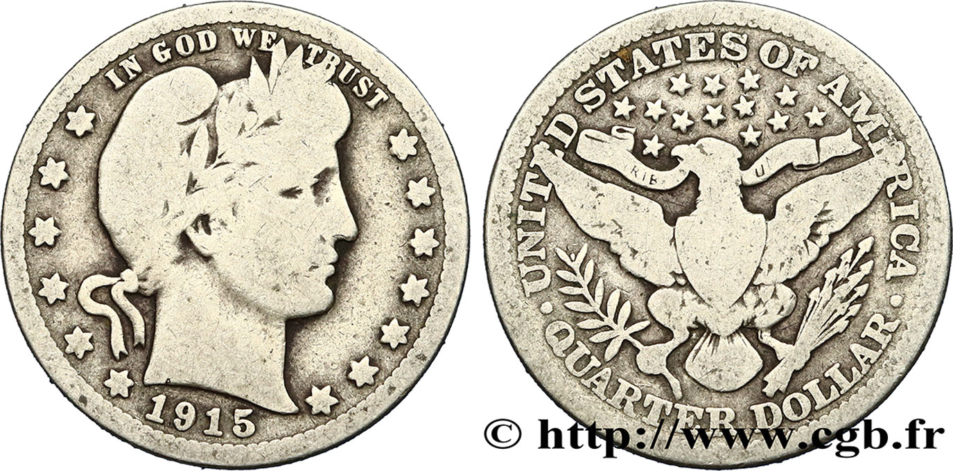 UNITED STATES OF AMERICA 1/4 Dollar Barber 1915 Denver VF 