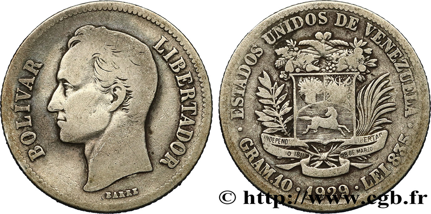 VENEZUELA 2 Bolivares Simon Bolivar 1929 Philadelphie VF 
