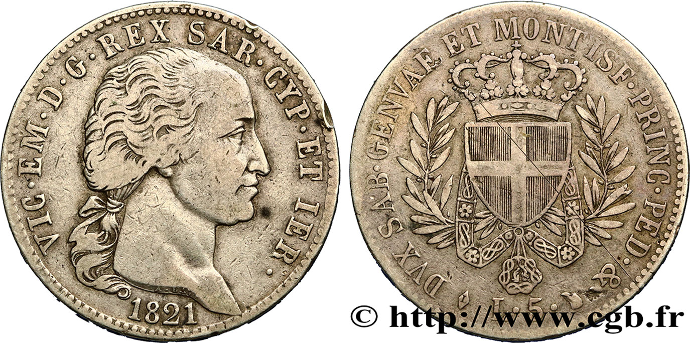 ITALY - KINGDOM OF SARDINIA 5 Lire Victor Emmanuel Ier 1821 Turin VF/VF 
