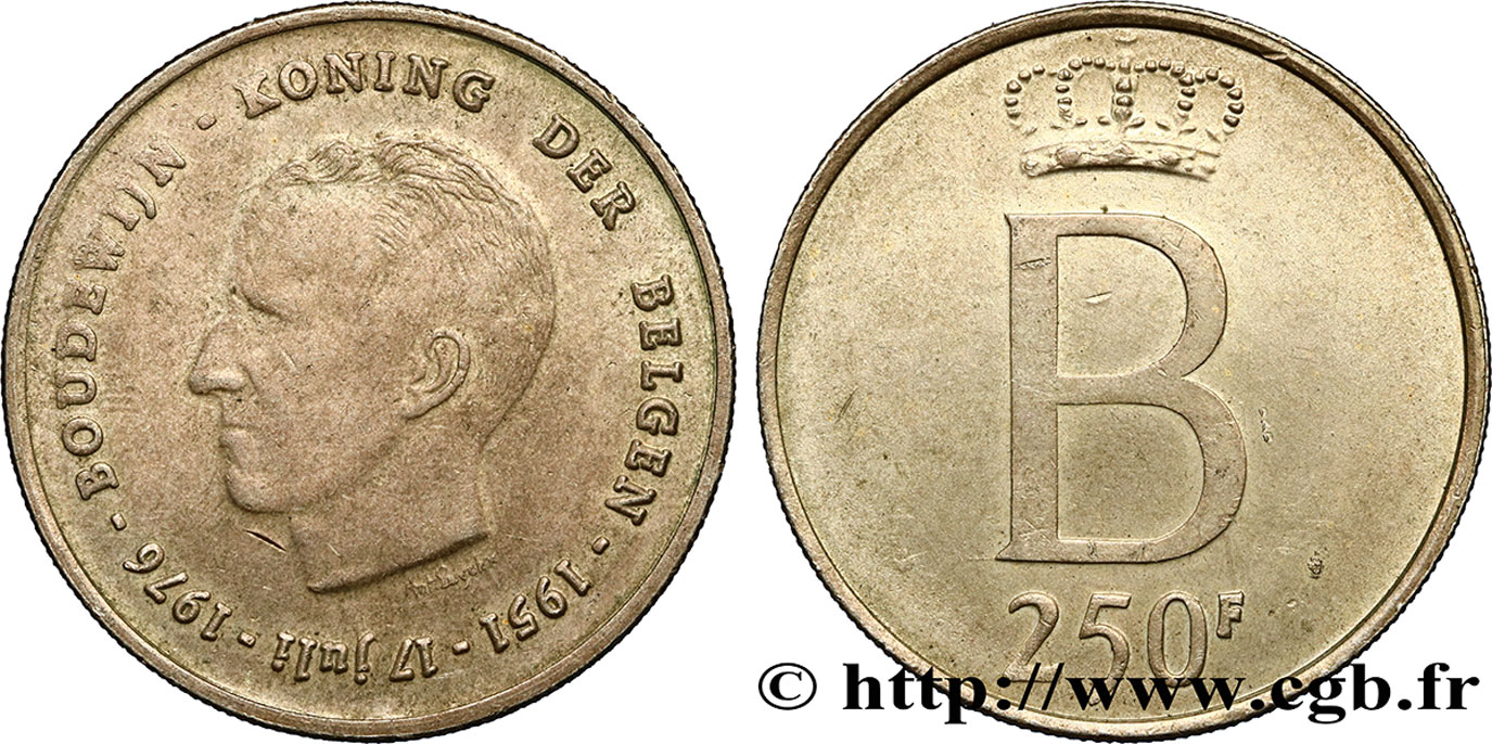 BELGIQUE 250 Francs jubilé d’argent du roi Baudouin légende flamande 1976 Bruxelles SUP 